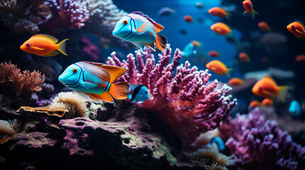 Obraz na płótnie Canvas Colorful tropical coral reef with fish. Vivid multicolored corals in the sea aquarium. Beautiful Underwater world. Vibrant colors of coral reefs under bright neon purple light made with AI generative 