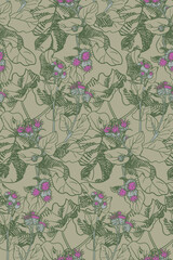 Burdock with flowers and leaves. Hand drawn vector seamless pattern - 631626504