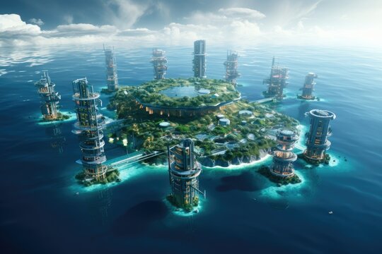 Futuristic power plant of the future in the ocean, water energy