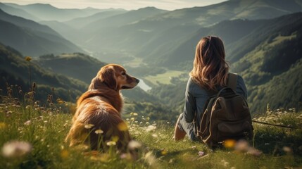 friendship concept picture of a man and his dog travel together at beautiful mountain range.