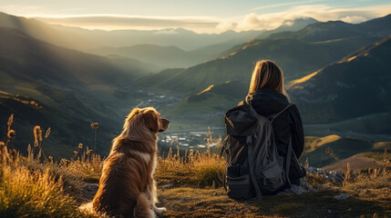 friendship concept picture of a man and his dog travel together at beautiful mountain range.