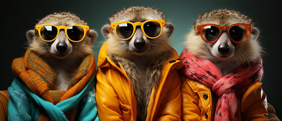 Creative animal concept. Meerkat in a group on one side of the picture, vibrant bright fashionable outfits. birthday party invite invitation banner made with AI generative technology