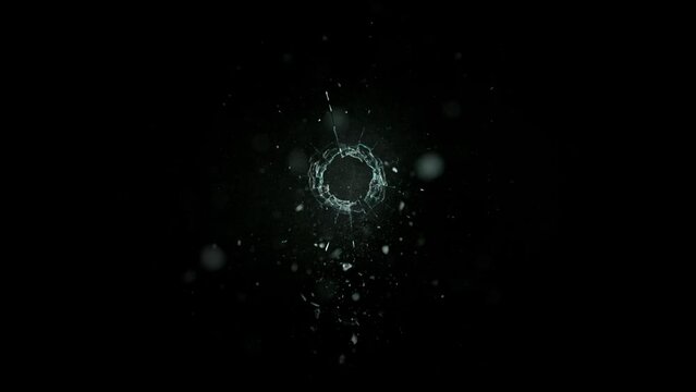 Super Slow Motion Shot of Real Bullet Glass Break Isolated on Black Background at 1000fps.