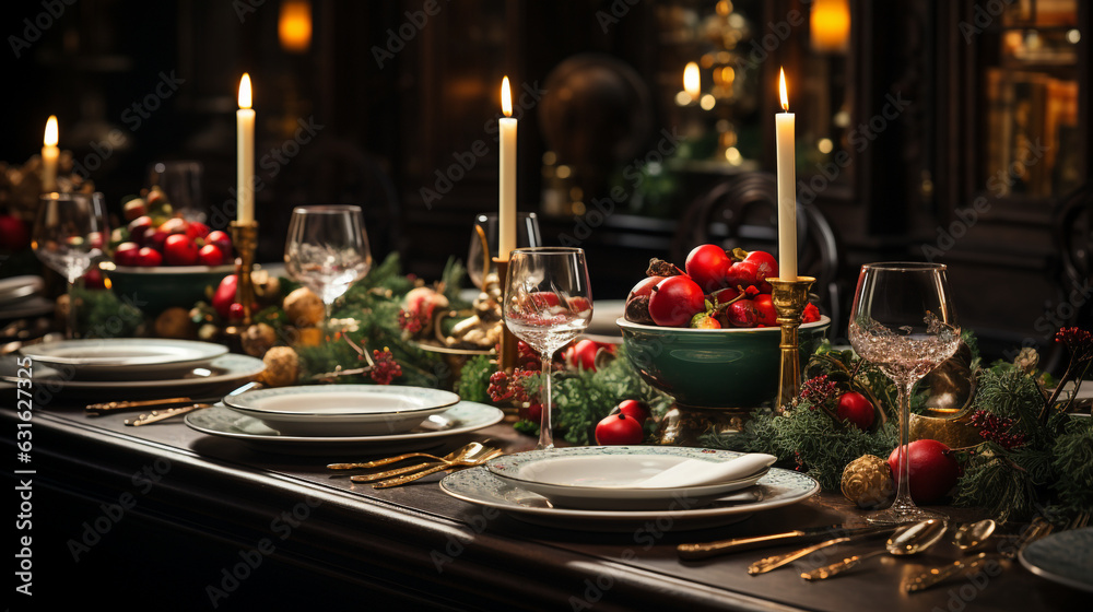 Wall mural festive christmas dinner setting. seasonal holiday dining background made with ai generative technol