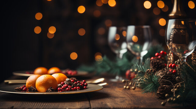 festive christmas dinner setting. Seasonal holiday dining background made with AI generative technology