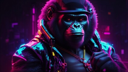A neon depiction of a gorilla rapper, embodying a gangsta monkey persona - obrazy, fototapety, plakaty