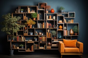 A wall mounted book rack made with geometric shapes.