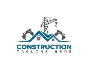 Excavator and crane real estate construction company vector logo design.