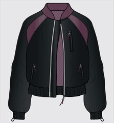 RAGLAN SLEEVES PUFFED QUILTED SATIN BOMBER UNISEX JACKET WITH TOGGLE DETAILED ON CUFFS DESIGNED FOR MEN AND WOMEN IN VECTOR ILLUSTRATION © JUSTDZINE