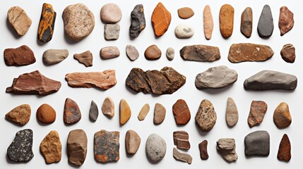 Photo of a collection of different rocks displayed on a clean white background created with Generative AI technology