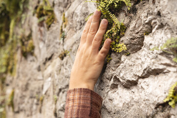 A woman's hand rests on a textured stone city with living plants, an environmental protection concept