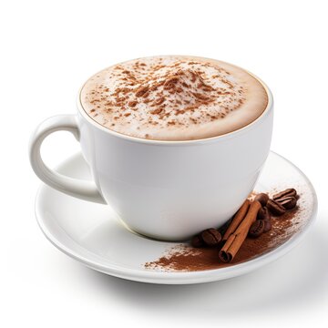 Close up shot of hot cocoa in white cup on white background