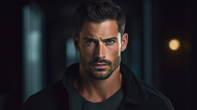 Portrait of handsome man with a black hoodie, upper body