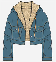 DROP SHOULDER CROPPED LENGTH DENIM JACKET WITH SHEARLING TRIMS DETAIL DESIGNED FOR WOMEN AND TEEN GIRLS IN VECTOR ILLUSTRATION © JUSTDZINE