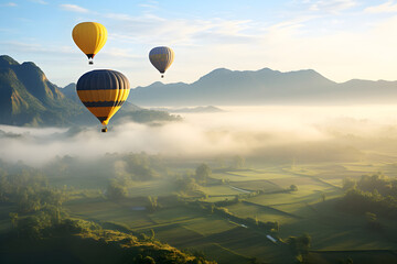 Naklejka premium Colorful hot air balloon flying over mountain
