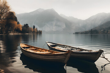 wooden boats on a mooring mountain lake. Wooden boat parked next to a old wooden dock with mountains on background. Reflection of the forest in the green water - Powered by Adobe