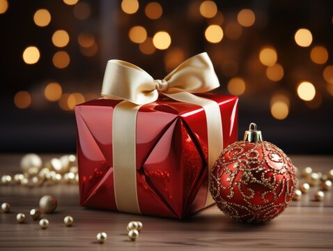 Red gift box with Christmas ball Against blurred lights bokeh background. Christmas background 