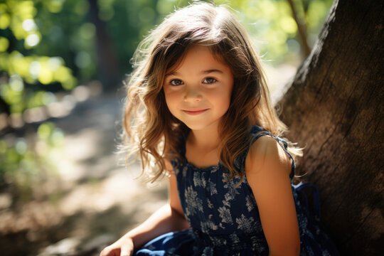 A portrait of a young girl with a curious expression. She is wearing a blue sundress and is sitting the middle of a forest