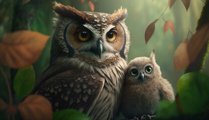 Owl with her baby in a green jungle beautiful image Ai generated art