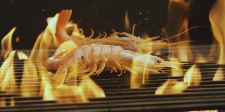 Slow-motion Shot of Falling Tiger Prawns on Grill Grid with Fire Flames. Filmed on High Speed Cinematic Camera at 1000 FPS