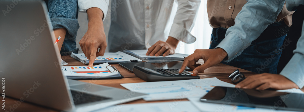 Leinwandbilder panoramic shot office worker team analyze dashboard paper and financial report, calculate profit and