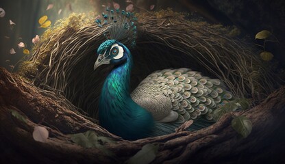 Peacock with birds nest realistic impressive Ai generated art - obrazy, fototapety, plakaty