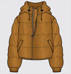 HOODED CROPPED PUFFA JACKET WITH ELASTICATED CUFF DETAIL DESIGNED FOR WOMEN AND TEEN GIRLS IN VECTOR ILLUSTRATION © JUSTDZINE