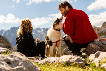 couple of mountaineers sitting on the rock contemplating the mountains with their border collie dog...
