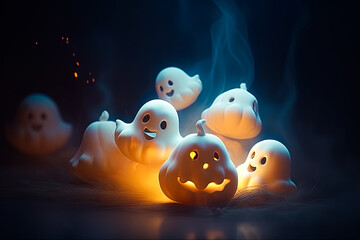 cartoon illustration of nice Halloween pumpkins ghosts with cute face. Halloween concept