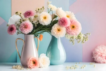 bouquet of white and pale pink flowers in a vintage porcelain vase