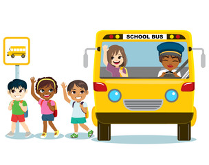 Vector illustration of little kids boy and girl ride school bus and go home from school. First day of back to school concept