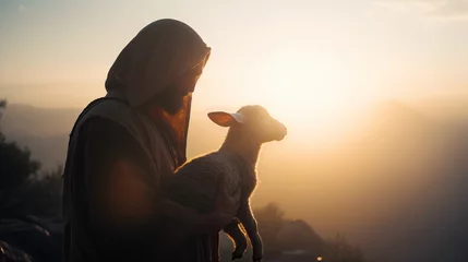 Fototapeten Shepherd Jesus Christ Taking Care of One Missing Lamb during Sunset.  © fotoyou