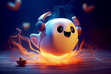 Illustration of fairy cute fanny ghost in headphones. Halloween concept