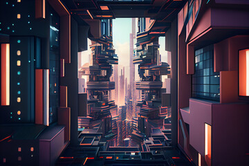 Cyberpunk Futuristic City .Future Fiction with neon signs and lights. Cyberpunk city with futuristic buildings. Digital illustrations.