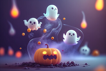 Fototapeta premium Cute little ghosts flying around pumpkin, Halloween theme background illustration