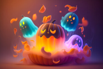 Fototapeta na wymiar Cute little ghosts flying around pumpkin, Halloween theme background illustration