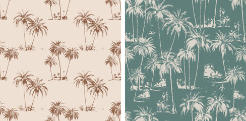 Palm Trees Boho Earthy Botanical Vintage Pattern Vector Illustration Set of 2