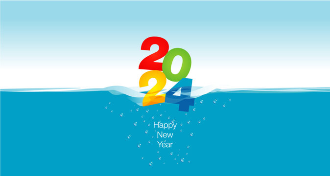 2024 Happy New Year colorful numbers concept template on wave water blue background