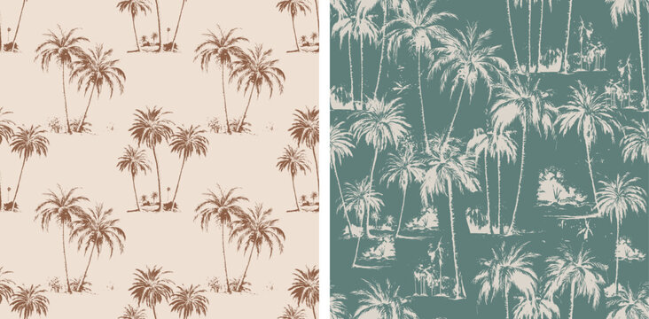 Palm Trees Boho Earthy Botanical Vintage Pattern Vector Illustration Set of 2