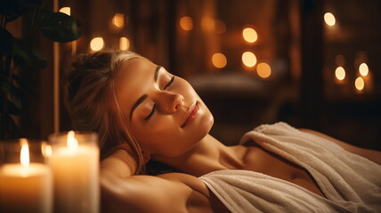 Obraz na płótnie Canvas beautiful woman relaxing in cozy spa ,aroma lamp ,candle light ,in cozy spa salon