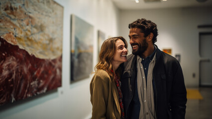 happy young couple on a date at the art museum - obrazy, fototapety, plakaty