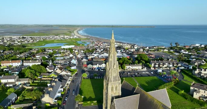 Flying over Catholic Church which overlooks the entire coastal town of Tramore