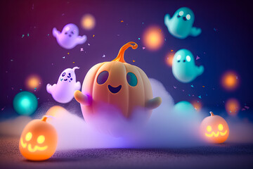 Fototapeta premium cartoon illustration of nice Halloween pumpkins ghosts with cute face. Halloween concept