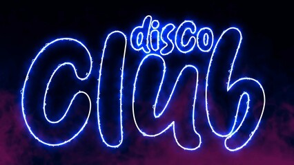 Disco Club text font with neon light. Luminous and shimmering haze inside the letters of the text Disco Club. Disco Club neon sign. 