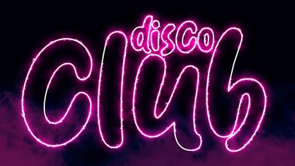 Disco Club text font with neon light. Luminous and shimmering haze inside the letters of the text Disco Club. Disco Club neon sign. 