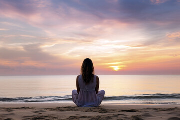 Back view of a woman meditating at the beach at sunset