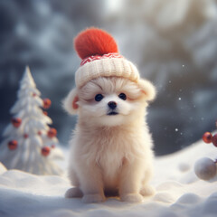 Illustration of a dog in a winter hat on the background of a winter landscape. AI-generated art.