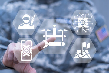 Concept of military drone of reconnaissance or bombing. In Military Base Army Engineer and Soldiers...