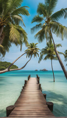 paradise beach with turquoise water, wooden pier and tropical palm trees, 