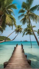 Poster paradise beach with turquoise water, wooden pier and tropical palm trees,  © ART-PHOTOS